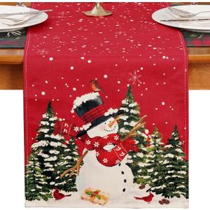 MADLYN RHUE Christmas Table Runner, Snowman Red Table Runner Winter Holiday Table Runner Christmas Theme Kitchen Dining Decoration for Home Party Daily Dinner (Red, 13"x72")