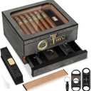 Cigar Humidor,Cedar Wood Humidor Cigar Box,Glass Top Desktop Humidor with Digital Thermo-Hygrometer, Humidifier, Divider, Accessories Drawer and Combination Lock,Cigar Gift for Men (Marble Grain)