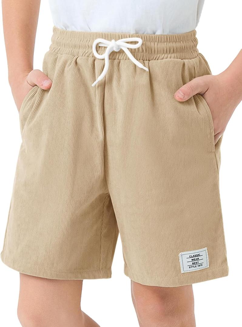 Haloumoning Boys Corduroy Shorts Kids Casual Elastic Waist Drawstring Summer Shorts with Pockets  (Khaki, 13-14 Years)