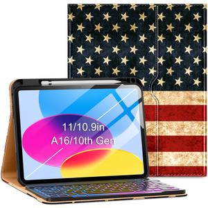 VIKESI Keyboard Case for iPad (A16,2025) 11th Generation/iPad 10th Generation Case (10.9" 2022),Premium Leather Smart Cover,Built-in Breathing Light,Function Row,Pencil Holder,Card Slots - US Flag