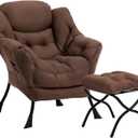 HollyHOME Lazy Chair with Foldable Ottoman, Accent Comfy Lounge Armchair and Folding Footrest Stool, Leisure Sofa Reading Chair and Footstool for Living Room, Bedroom, Dorm, Coffee Brown