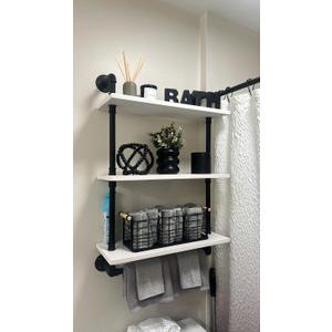 ROGMARS Industrial Pipe Shelving Bathroom Shelves with Towel Bar,3 Tier 24 inch Retro White Rustic Farmhouse Industrial Wall Shelf Bathroom Shelves Over Toilet for Storage
