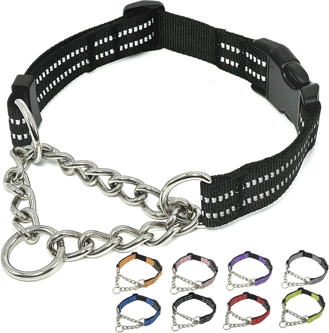 Martingale Dog Collars, Reflective Nylon Collar with Stainless Steel Chain, Adjustable Walking Training Dog Collars with Quick Release Buckle, Suitable for Small Medium Large Dogs(Black,M)