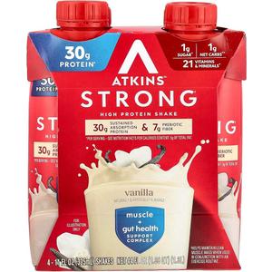 Atkins Strong High Protein Shake, Vanilla, 30g Protein, 7g Prebiotic Fiber, Muscle & Gut Health Support Complex, 12 Count, Best By: 10/09/2026