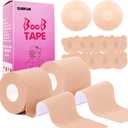 2 x Boob Tape Set, 2 Rolls Boobtapes for Large Breasts A-G Cup, with 2 Types of Nipple Covers, Fashion Stretchable Tit Tape Stick on Bra Beige