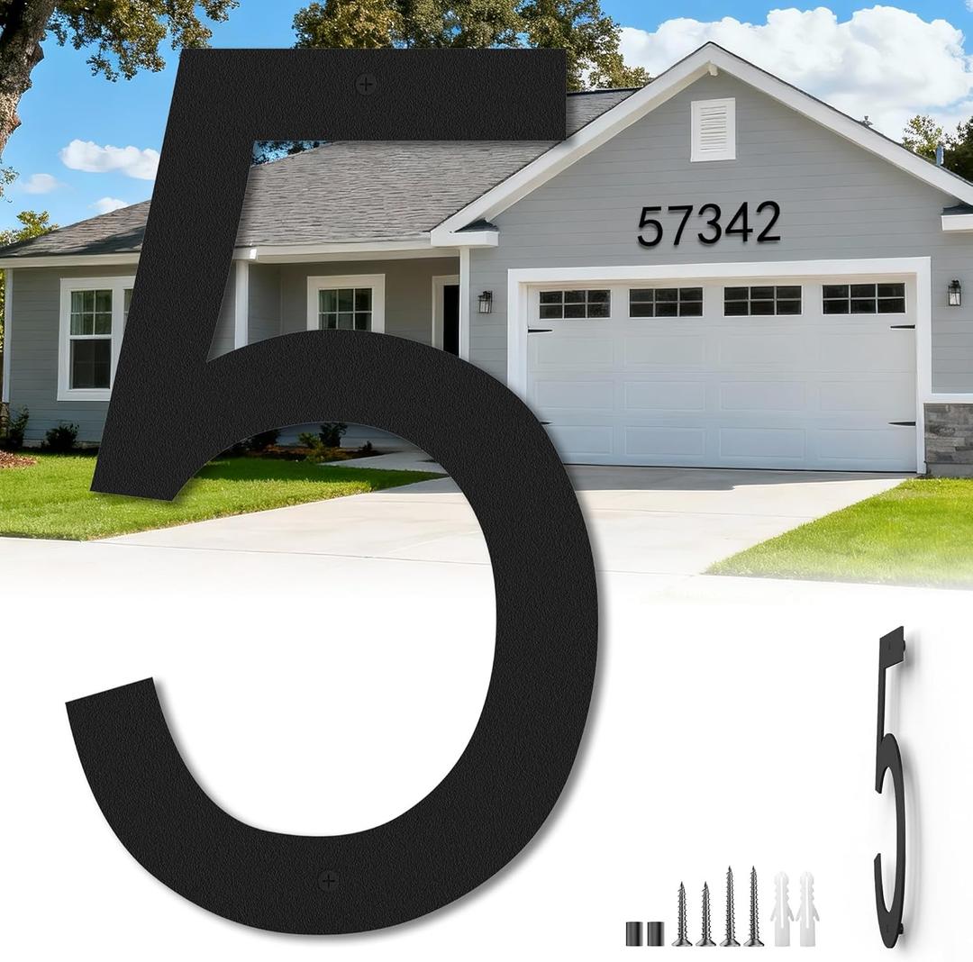 17 Inch Floating Large House Numbers for Outside, Big Modern Garage Door Number, Oversized Garden Address Numbers 5, Black Matte Metal Digital Sign for House, Hotels, Factories (Five)