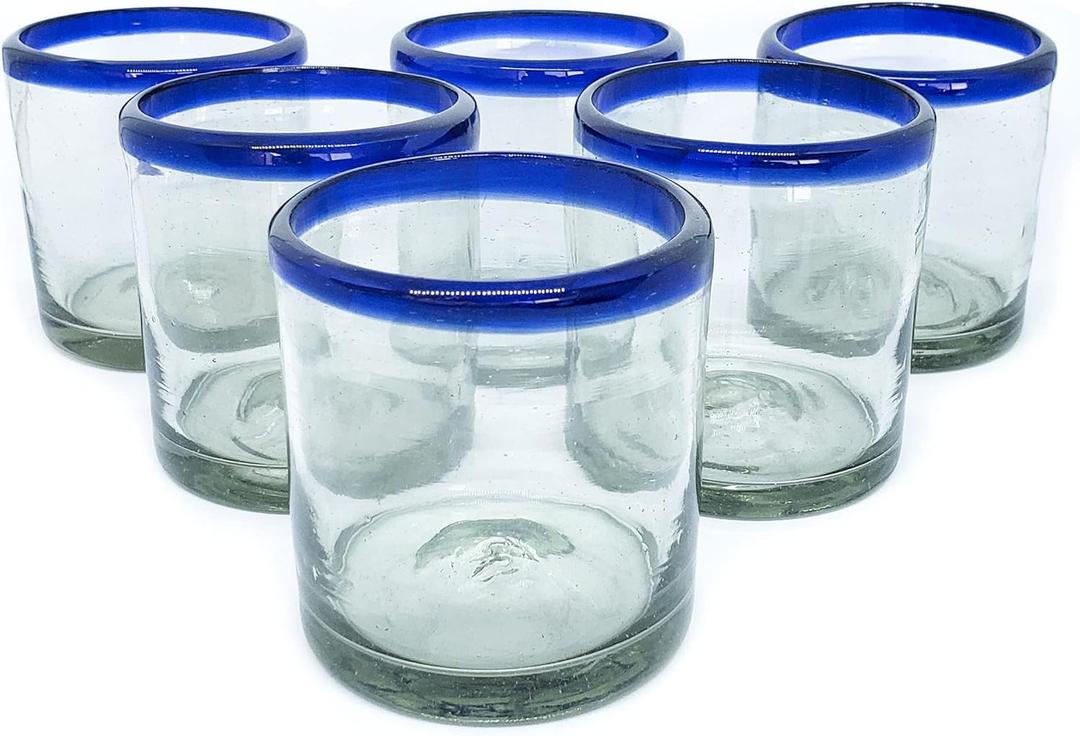 Cobalt Blue Rim 8 oz DOF Rock Glasses (set of 6), Recycled Glass, Lead-free, Toxin-Free (DOF Rocks)