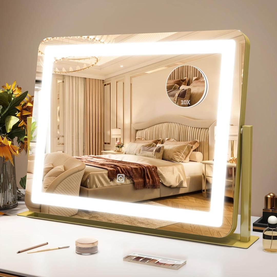 ROLOVE Gold Vanity Mirror with Lights - Smart Touch Dimming, 3-Color Lighting, 360 Rotatable Desktop Makeup Mirror for Desk, 22"x17"