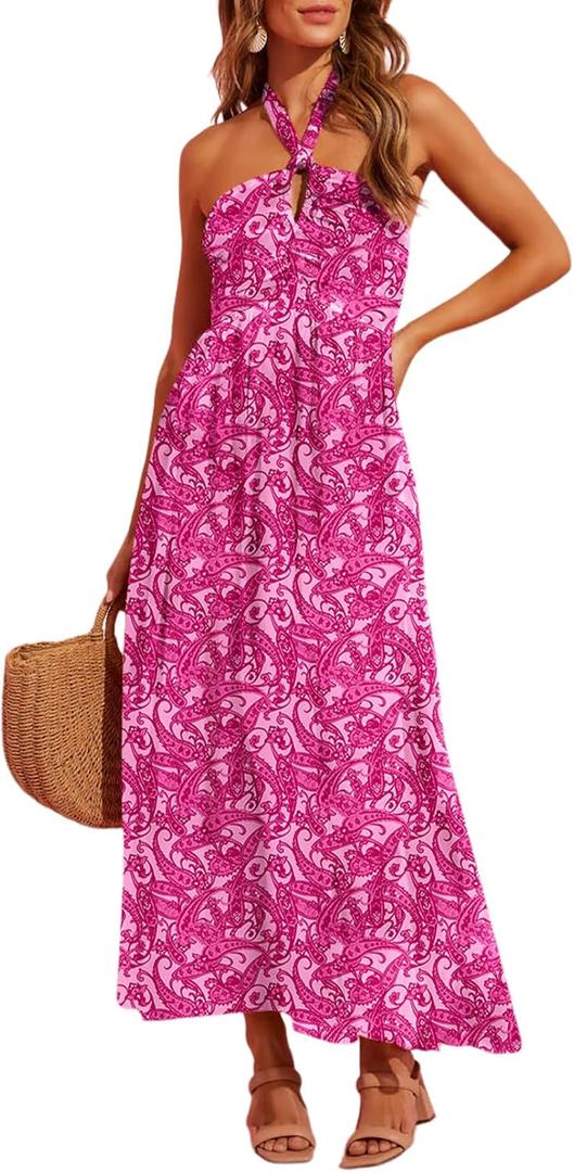 Dokotoo Women's Summer Dresses Halter Neck Sleeveless Backless Flowy A Line Boho Maxi Dress (XL)