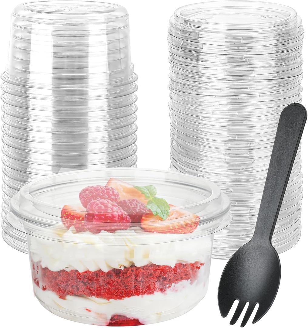 12oz Plastic Dessert Cups with Flat Lids (No Hole) and SpoonsDisposable Snack Cups for Ice Cream, Pudding,Desserts at Party, Fruit Cup. (50)