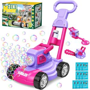 Bubble Lawn Mower for Kids, 3-in-1 Bubble Machine Blower with 10 Bubble Solution, Outdoor Push Toys for Toddlers Ages 3-8, Birthday Easter Summer Gift for Boys Girls 3 4 5 6 7 8 Year Old (Pink,Purple)