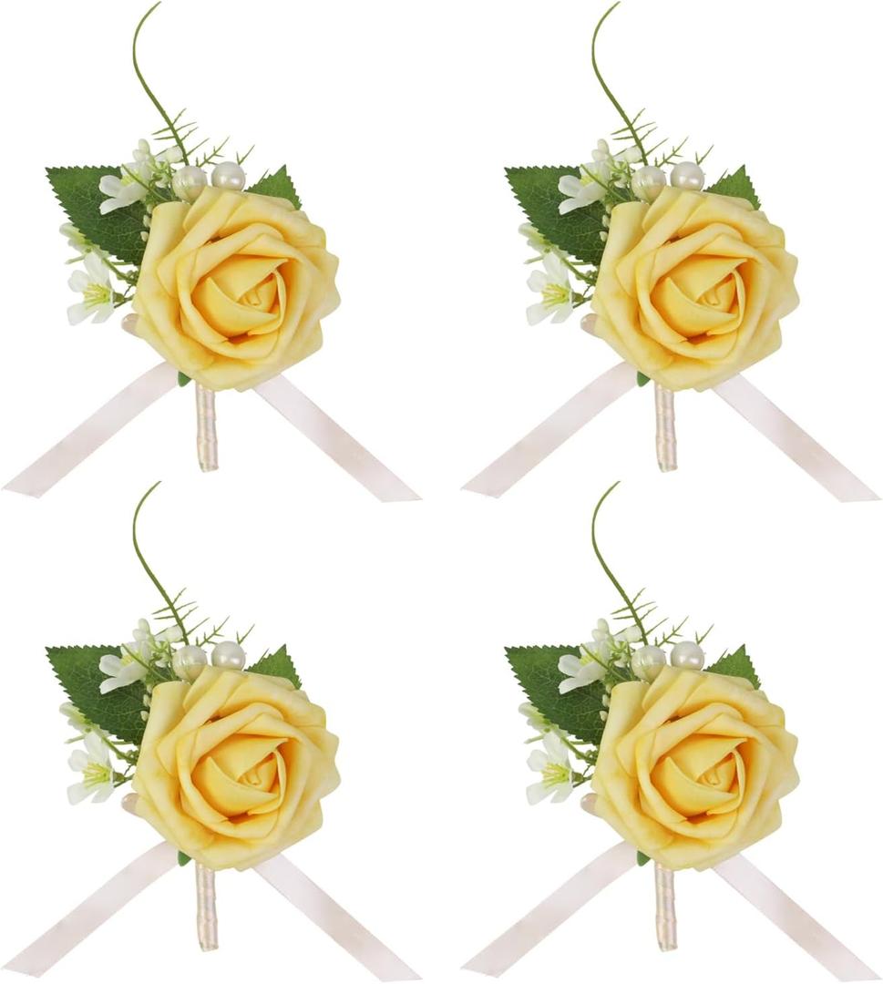 Geesatis 4 Pcs Rose Boutonniere Corsage Boutonniere for Men Wedding, Ceremony Anniversary, Dinner Party Artificial Flower Boutonniere, Yellow