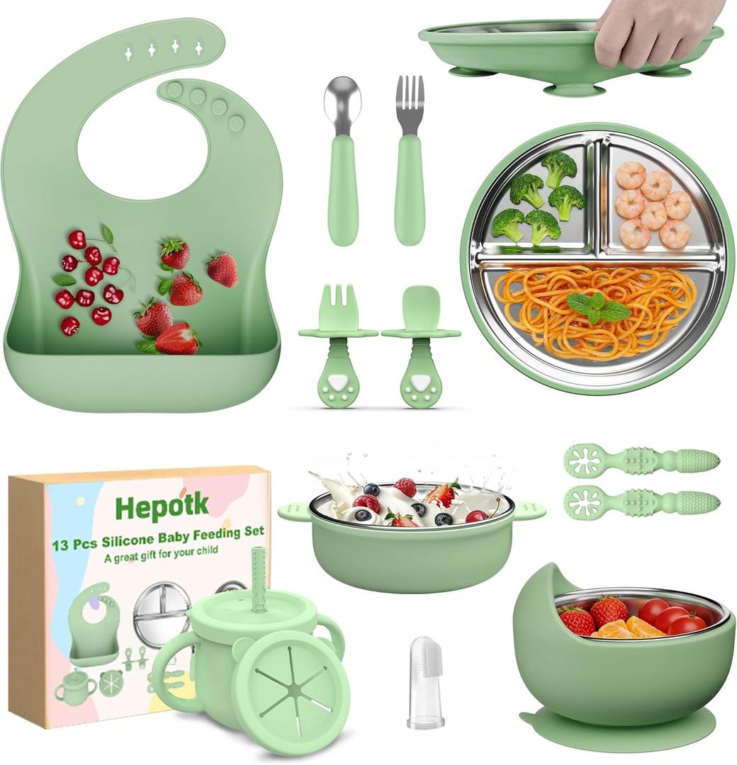 13 Pack Silicone Baby Feeding Set, BPA-Free Stainless Steel Toddler Feeding Supplies, Include Suction Plates, Baby Bowls, Silicone Fork & Spoon, and More, First Stage Baby Dish Set - 6+ Months (Green)
