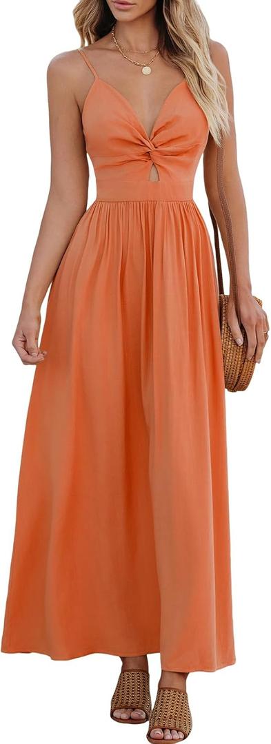 CUPSHE Women Casual Dress Beach Sleeveless V Neck Summer Cutout Spaghetti Straps Formal Maxi Sun Dresses (Small, Orange)
