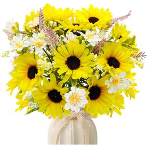 5 Bunches Artificial Sunflowers Bouquets, Fake Silk Sunflower with Faux Daisy Wildflowers Plants for Home Decor Indoor Floral Arrangements Table Centerpiece Bridal Wedding Decor (Yellow)