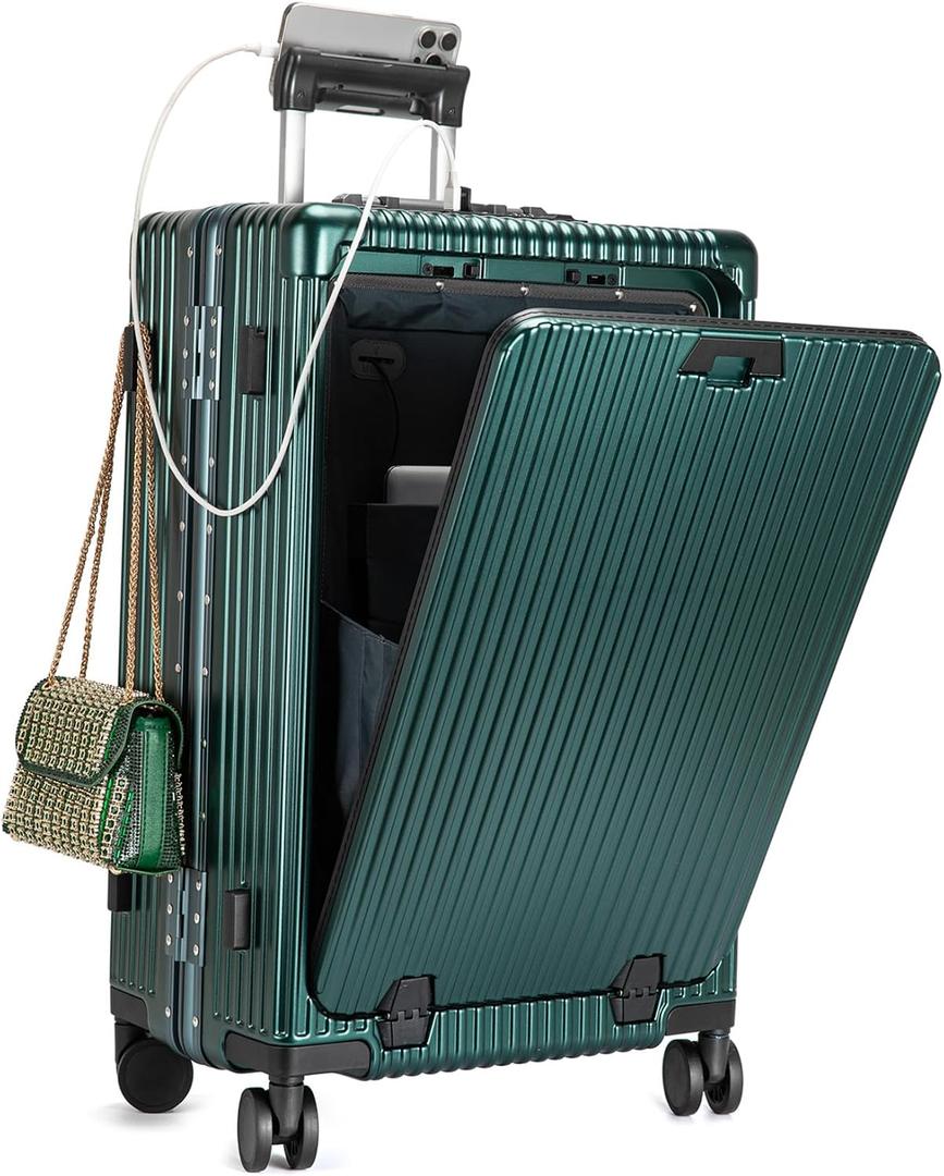 feilario Aluminium Frame PC Hard Shell Spinner Wheels Luggage,22.5"X15"X9.5" Airline Approved Built-In TSA lock Carry on Suitcase, with Cup Holder, USB Port, Phone Holder