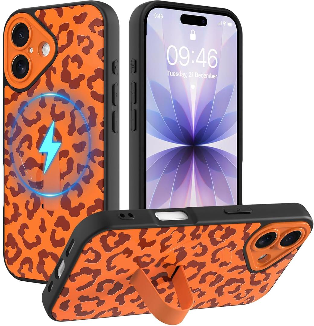 Magnetic for iPhone 17 Case with Finger Strap, Compatible with Magsafe, Cheetah Print Pattern for Women Girls, Slim Shockproof Soft TPU Case for iPhone 17 6.3 Inch, Orange