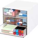 Desk Organizer with 5 Drawers, Rectangular Office Stationery Supplies Desktop Drawers, Plastic Makeup Storage, Suitable for Office, School, Home (White & 5 Drawers)
