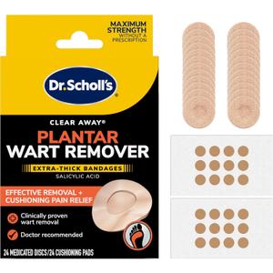 Dr. Scholl's Clear Away Plantar Wart Remover Extra-Thick Bandages for Feet, 24 Treatments - Clinically Proven Effective Wart Removal and Cushioning Pain Relief, Comfortable Multi-Day Coverage Patches