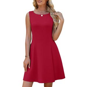 WEACZZY Womens Summer Sleeveless Dresses Boat Neck A-Line Casual Elegant Cocktail Dress with Pockets (Red, L)