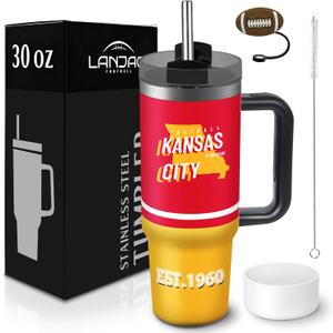 LANJAO Tumbler 30oz Straight Skinny Portable Handle Car Cups With Anti slip Sleeve Straw Dust Cover, Sports Travel, Stainless Steel Insulated Gifts for Men Women Fans (Kansas City)