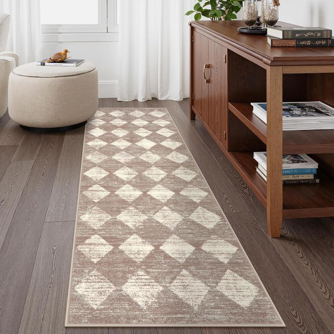 Lahome Zelie Moroccan Treills Runner Rug, 2x6 Beige Washable Rug Runner Carpet Runners for Hallway 6ft Non Skid, Checkered Kitchen Bathroom Non Skid Runners for Bedroom Hallway Entryway