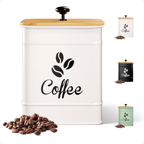 Airtight Coffee Canister - 40 oz Large Iron White Coffee Container Airtight - 6 x 8 inch Metal Jar - Stylish Countertop Container for Coffee Grounds, Beans, Pods & More with Rubber-Lined Bamboo Lid