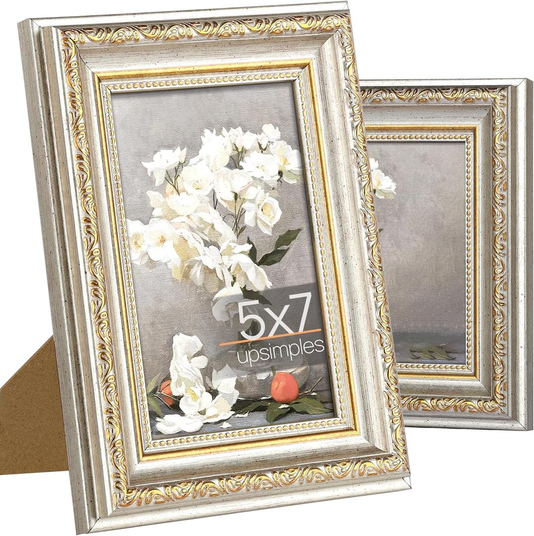 upsimples 5x7 Picture Frame with Real Glass, Ornate Vintage 5 x 7 Photo Frames for Wall Decor or Tabletop Display, White and Gold, 2 Pack