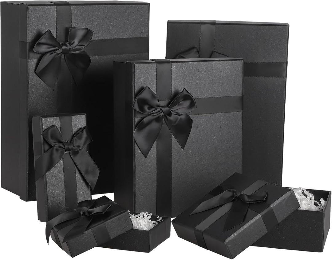 woric 6 PCS Gift Boxes Assorted Sizes, Black Box for Christmas with Ribbon Nesting Gift Boxes with Lids for Christmas Valentine's Day Birthday Wedding (6 Size)