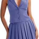 Cicy Bell Womens Summer 2 Piece Outfits V Neck Blazer Vest Matching Sets and Mini Pleated Skirts XL