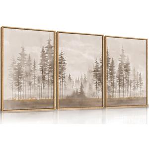 Beige Foggy Pine Tree Framed Canvas Wall Art Set, Modern Misty Forest Wall Decor,Nature Landscape Brown Art Print for Living Room,Bedroom-16 x24 x3