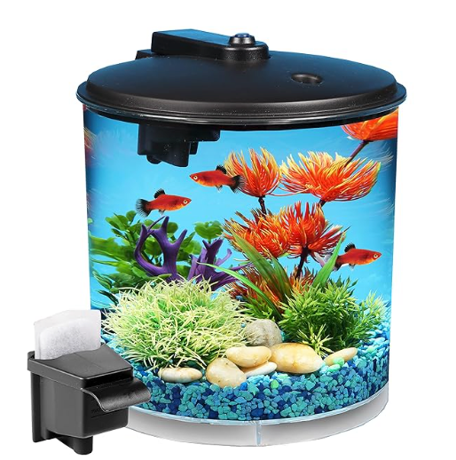 Koller Products 1.5-Gallon 360 View Aquarium Kit with Multiple Colors LED Lighting and Power Filter, Ideal for Betta Fish and Tropical Fish