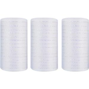 3 Rolls White Deco Mesh Ribbon, 6 Inch x 30FT Per Roll Metallic Foil Burlap Deco Mesh Fabric for Christmas Tree Valentines Day Easter Wedding Wreath Swags Bow Making DIY Craft