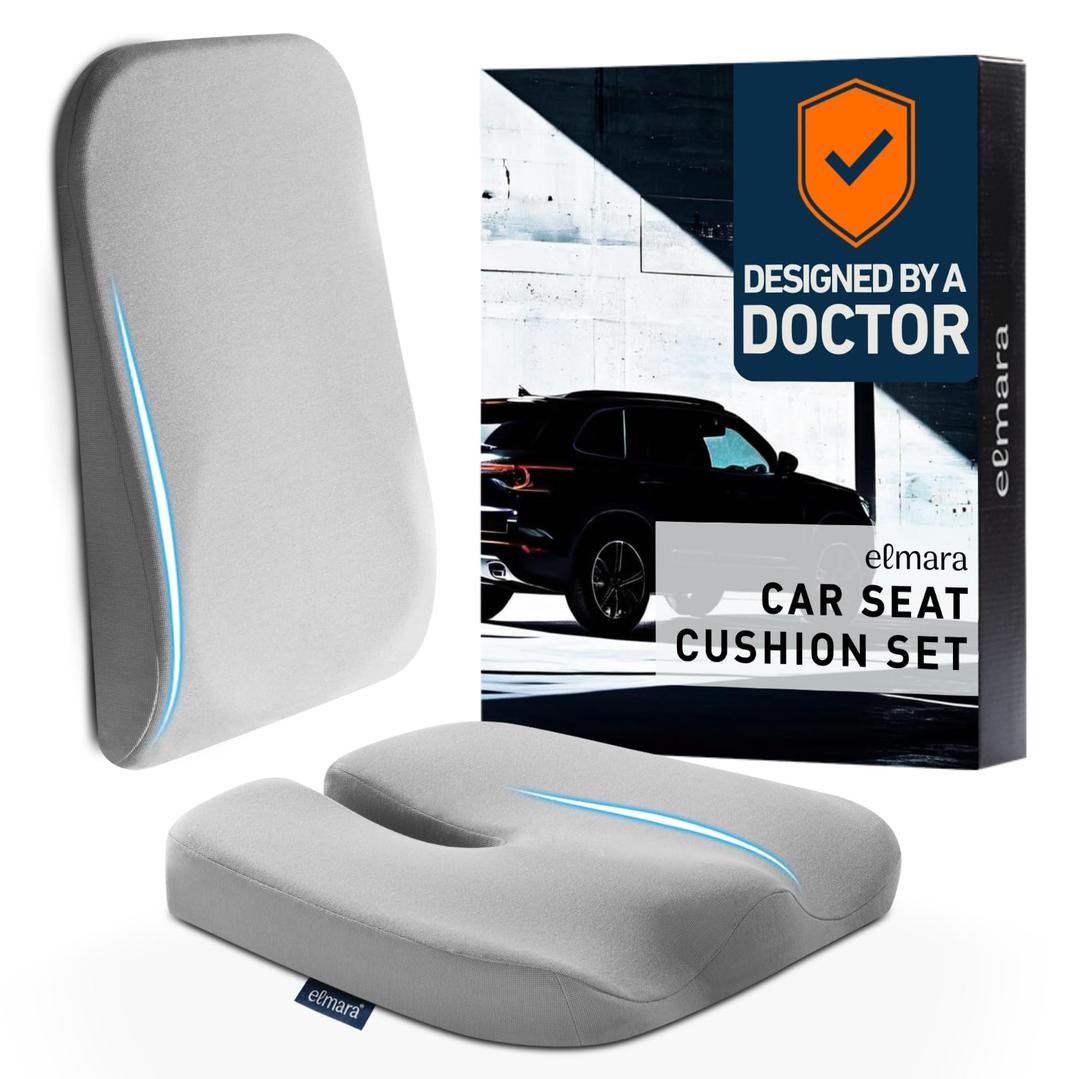 Elmara Doctor-Designed Car Seat Cushions for Driving – Car Seat Back Support, Driver Seat Cushion and Back Cushion for Car, Pillow for Driving Seat – The Ultimate Comfort Solution for Cars (Gray)