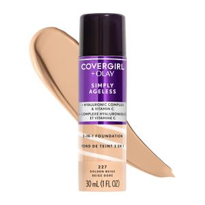 COVERGIRL & Olay Simply Ageless 3-in-1 Liquid Foundation, Matte Finish, Hyaluronic & Vitamin C Formula, 227 Golden Beige, 1 Count