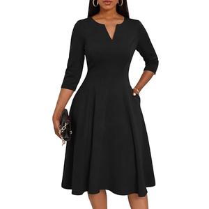 Nmoder Midi Dresses for Women A-Line Fit and Flare Casual Dress 3/4 Sleeve V Neck Cocktail Wedding Guest Work Dress with Pockets Black XL