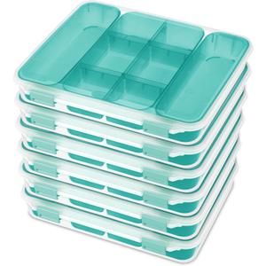 Sterilite Divided Case, Stackable Plastic Small Storage Container with Latch Lid, Organize Crafts, Small Hardware Items, Clear with Blue Trays, 6-Pack