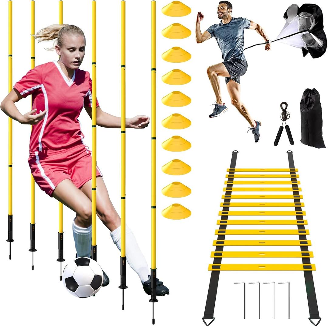 24Pcs Soccer Agility Training Equipment Set Ultimate Agility Poles Cones Ladder More for Quick Assembly and Easy Portability Suitable for All Skill Levels Enhance Speed Agility Training (Yellow)
