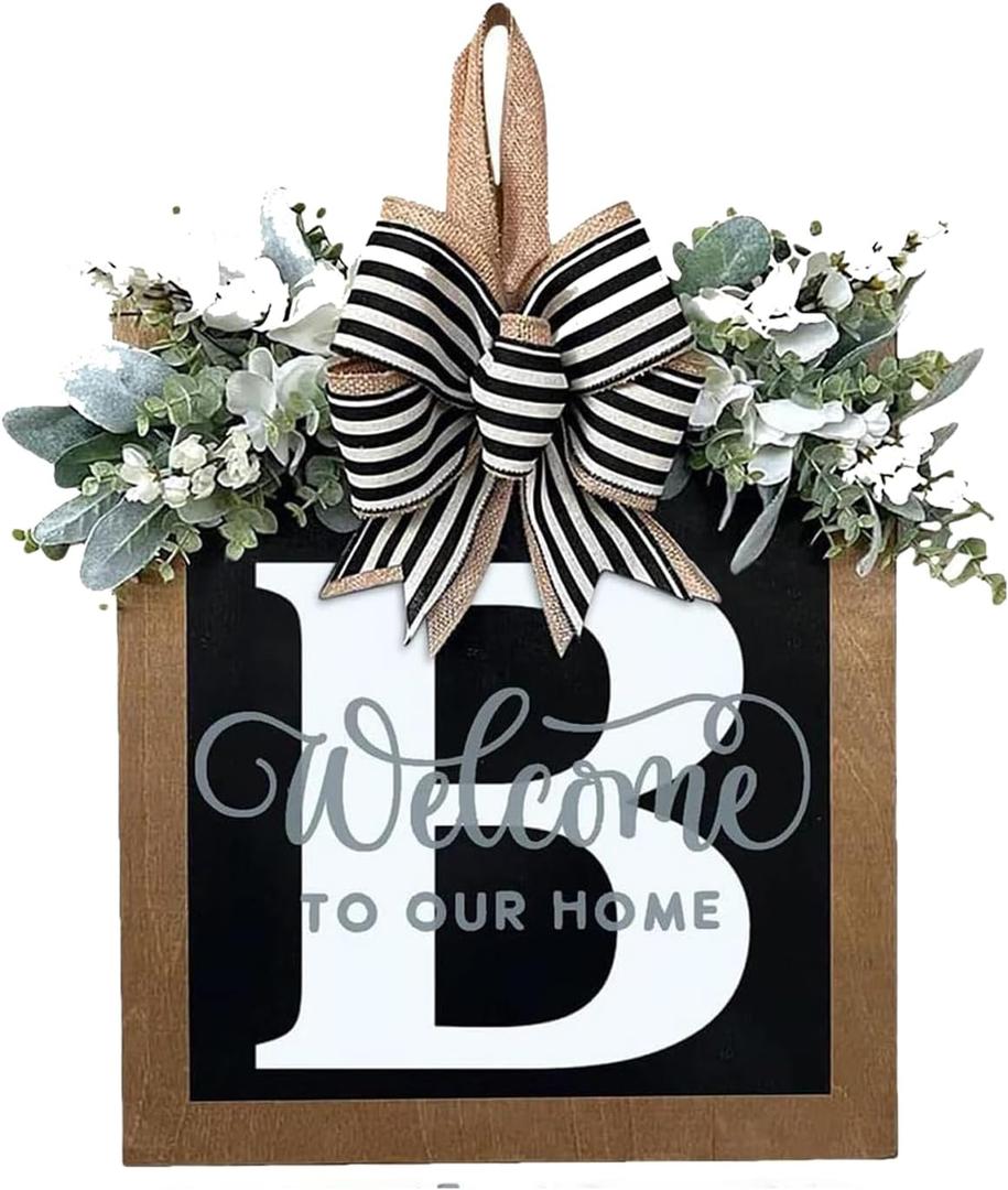 Last Name All Year Round Front Door Garland, Front Porch Decoration 26 Letter Welcome Garland and Eucalyptus and Bow Suitable for Spring Summer Winter Used for Front Door Hanging Garland (B)