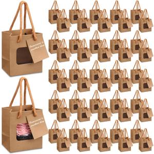 Fuutreo 50 Pcs Brown Kraft Paper Gift Bags with Window 4 x 2.75 x 4.5 In, Handles & Tags for Wedding, Valentine's, Mother's Day Gift Wrap