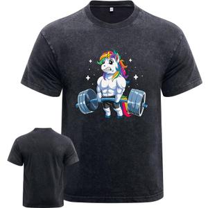Washed Gym Shirt with Weightlifting Unicorn Design, Fitness Apparel for Men, Casual Athleisure Wear (Black, L)