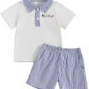Dewadbow Baby Boy Girl 4th of July Outfit Short Sleeve American Flag Embroidery Polo Shirt Striped Shorts Summer Clothes, 18-24M