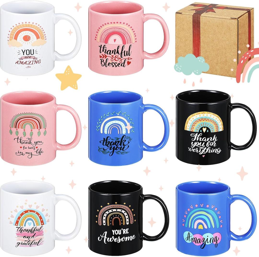 Maxdot 8 Pcs Thank You Mugs 12oz, Thanksgiving Gifts for Women, Teacher Appreciation Mug Set with Handle Rainbow Ceramic Cups, Easter and Halloween for Coworkers Men Nurse Hostess Friend Boss Gift (Fresh Color)