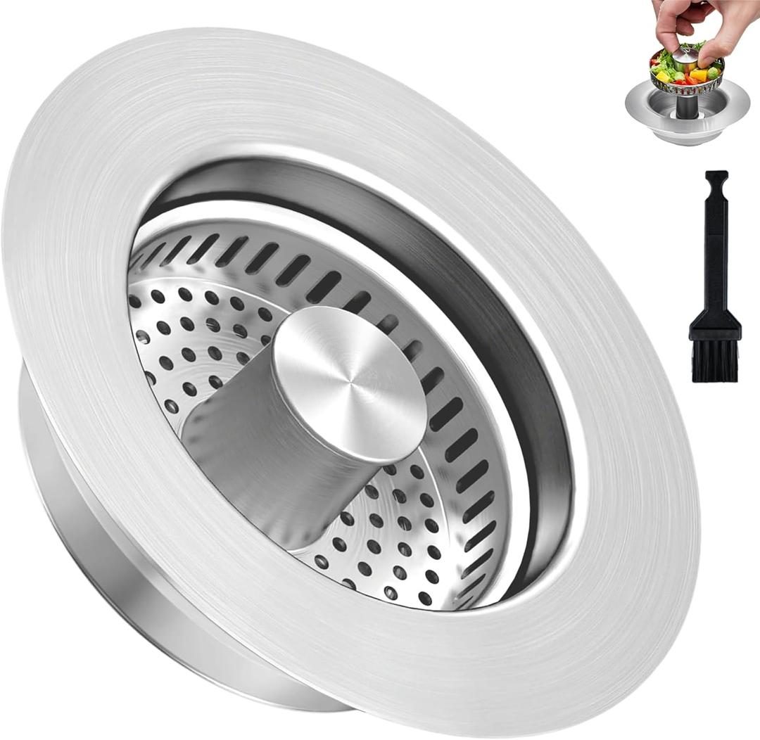 3-in-1 Kitchen Sink Drain Strainer Stopper, Upgraded Stainless Steel Sink Plug with Anti-Clog Filter Basket, Fits Standard 3-1/2 Inch Drain Hole, Pop Up Garbage Disposal Cover, Universal Food Catcher (Silver)