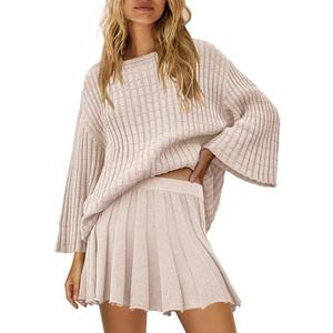 Yanekop Womens 2 Piece Sweater Skirt Set Loose Matching Lounge Sets Comfy Pajamas Set Long Sleeve Top and Skirt Sets Size M
