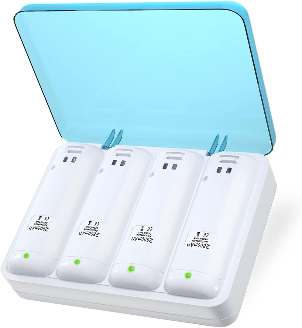 Battery Charger for Wii & Wii U Remote Controller,4pcs 2800mAh NiMH Rechargeable Battery Packs with 4-in-1 Charging Station for Wii & Wii U Game Remote [ Latest Upgrade Version]-White