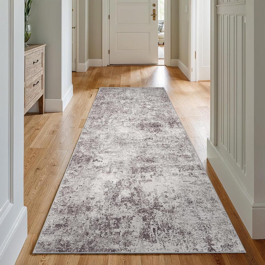 3x7 Washable Hallway Runner Rug Abstract Non-Slip Mat with Rubber Backing Indoor Modern Runner Rugs Low-Pile Soft Carpet for Kitchen, Bedroom, Entryway, Hardwood (Gray Cream, 3x7)