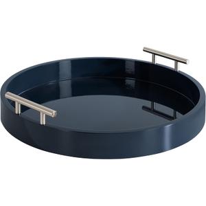 Kate And Laurel Lipton Modern Round Tray; 15.5 Diameter; Navy and Silver; Decorative Accent Tray for Storage and Display