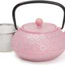 Juvale Cast Iron Tea Kettle - Stainless Steel Infuser & Loose Leaf Tea Steeper - Heat Retention in Pink Cast Iron Kettle - 34 oz