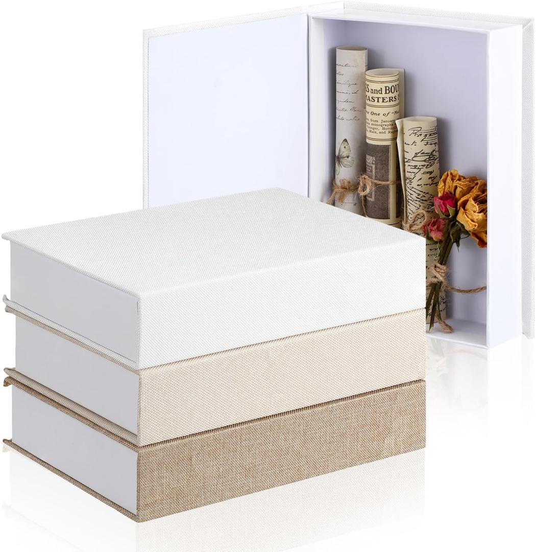 Tioncy 3 Pcs Fake Book Box Neutral Linen Book Box Decorative Faux Prop Storage for Farmhouse Home Decor shelf Table Card Photo DIY Keepsake Gift(8.6 x 6.1 x 1.8 Inch,Multicolor)